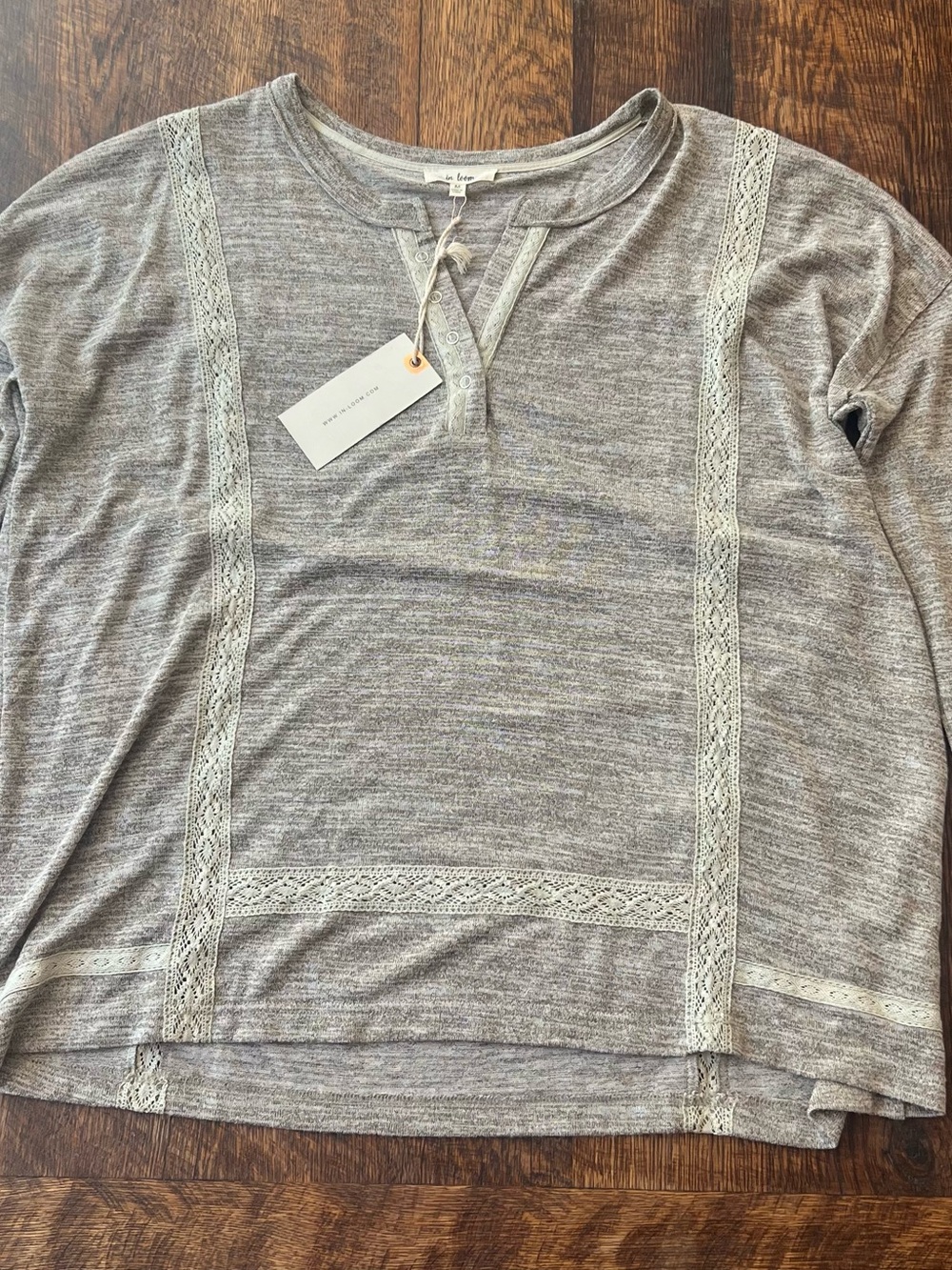 In Bloom Gray Lace-Trim Henley Long Sleeve Top